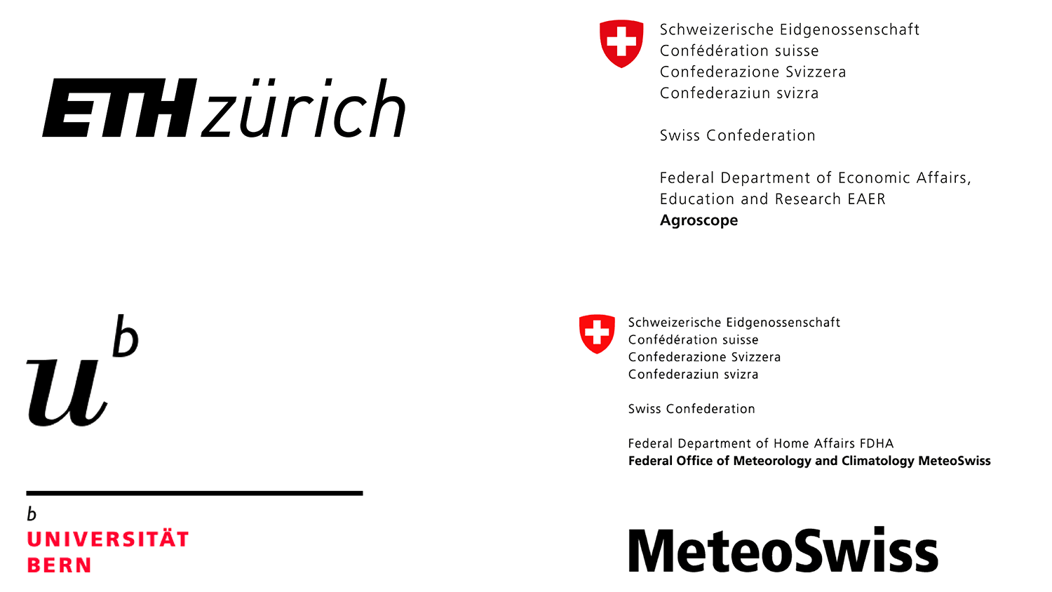 Logos of ETH Zurich, Agroscope, University of Berne, and MeteoSwiss are displayed